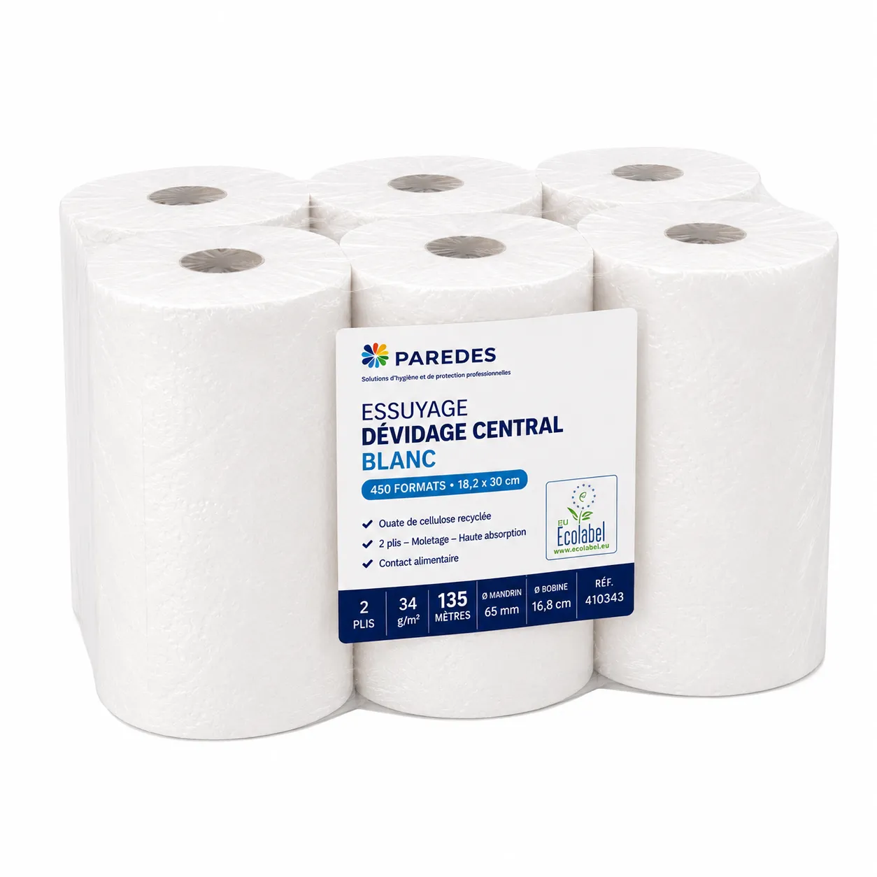 Paredes Papier essuie tout dévidage central blanc 450 formats 18,2 x 30 cm Ecolabel 900g